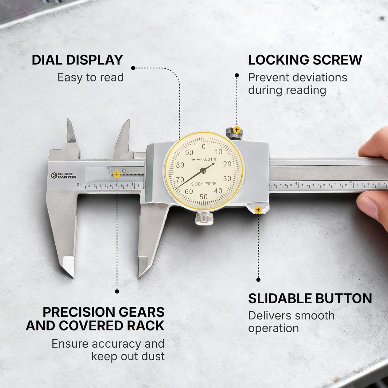 6" Dial Caliper, 6 Inches Measurement, Caliper Measuring Tool, 0.001 inch fine Graduation, 4-Way Measurements, Hardened 4R13 Stainless Steel, Ideal for DIY/Household