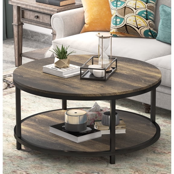 Round Coffee Table Dark Brown 35.8 Inch Rustic Industrial with Metal Frame and Open Shelf