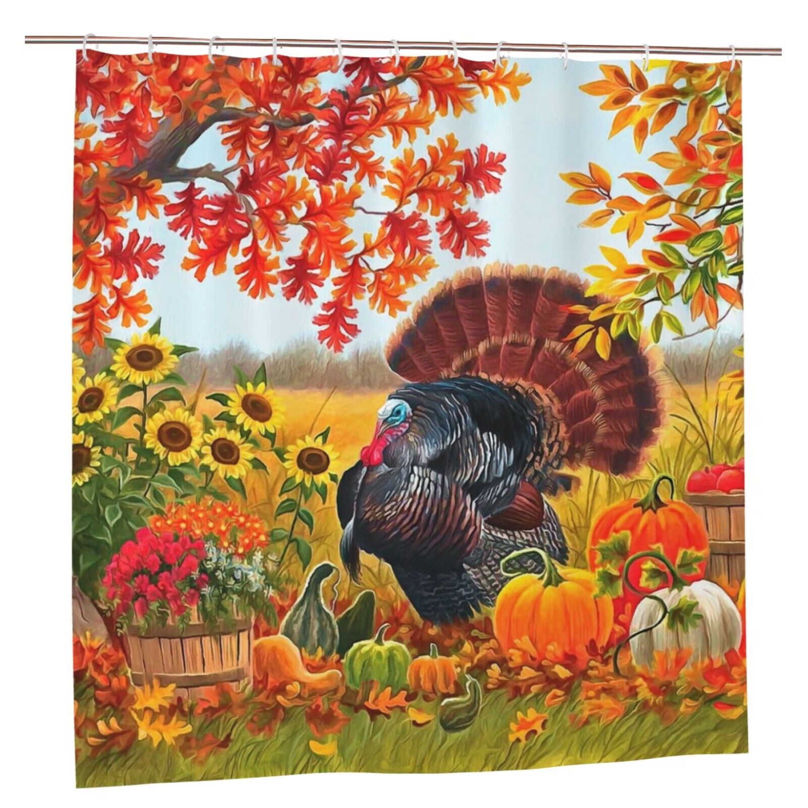 Happy Thanksgiving Day Shower Curtain, Harvest Turkey with Pumpkins and
