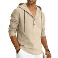 thumbnail image 4 of Yaoyar Men Lightweight Linen Blend Hoodie Shirt Long Sleeve V Neck Button Down Casual Pullover with Adjustable Drawstring, 4 of 9