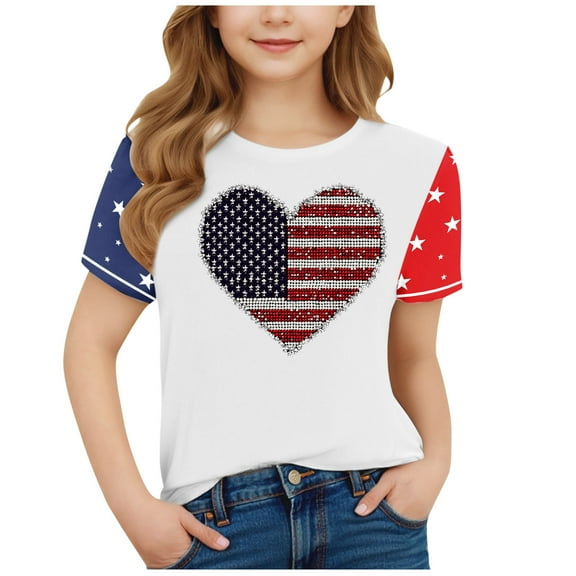 Generic 4th of July Shirts for Girls Short Sleeve American Flag Shirts Summer Independence Day Graphic Tees for 4-15 Years