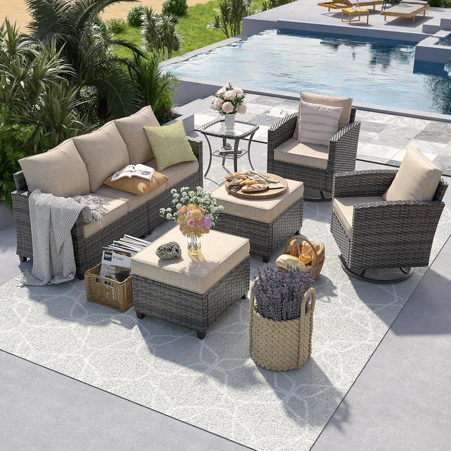 ELPOSUN Patio Furniture Set, 6 Pieces Outdoor Patio Set, All-Weather Wicker Rattan Outdoor Furniture Set with Swivel Chairs for Poolside, Backyard, Gray Wicker Khaki Cushions