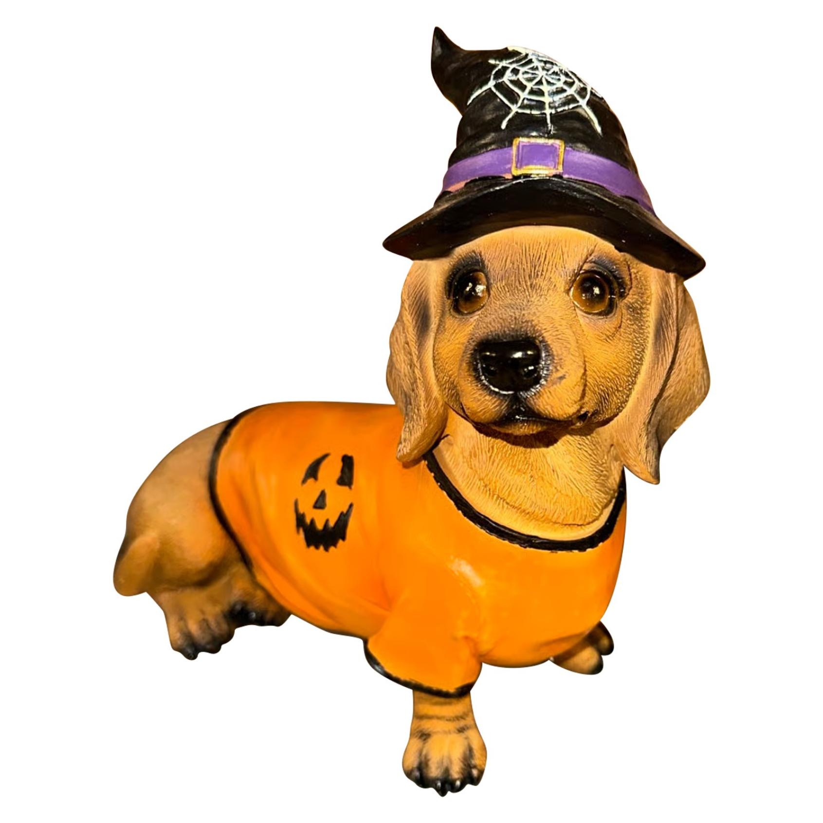 Halloween Dachshundasg Decor Statue with Witch Hat & Pumpkin Sweater Design, Dachshundasg Garden Statues, Yard & Indoor Party, Cute Sitting Dog Sculpture, Halloween Ornaments Decorations(Orange)