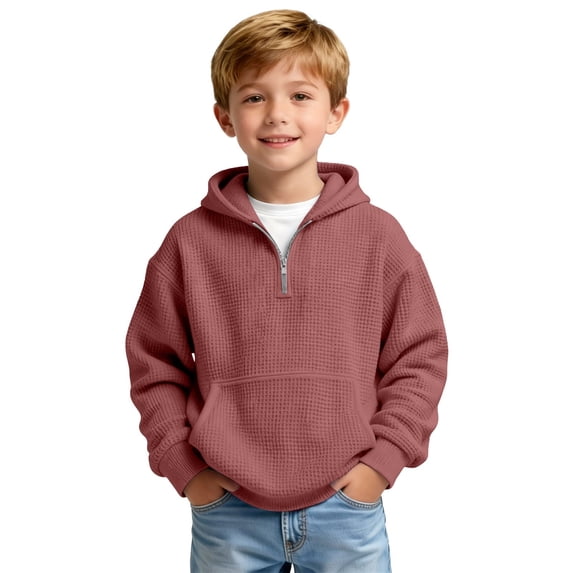 GiLiling Kids Waffle Hoodie - Boys Girls Solid Color Quarter Zip Long Sleeve Drawstring Hooded Sweatshirt with Pocket (Brick Red, 14-15 Years)