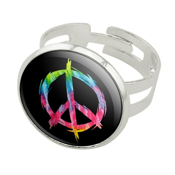 Tie Dye Peace Sign Silver Plated Adjustable Novelty Ring