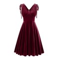 thumbnail image 3 of Bigersell Vintage Cocktail Dresses Women Velvet Sleeveless Double Side V-Neck Retro Cocktail Party Mid-Length Dress Solid Color Wedding Guest Pleated A-Line Midi Dresses Red M, 3 of 5