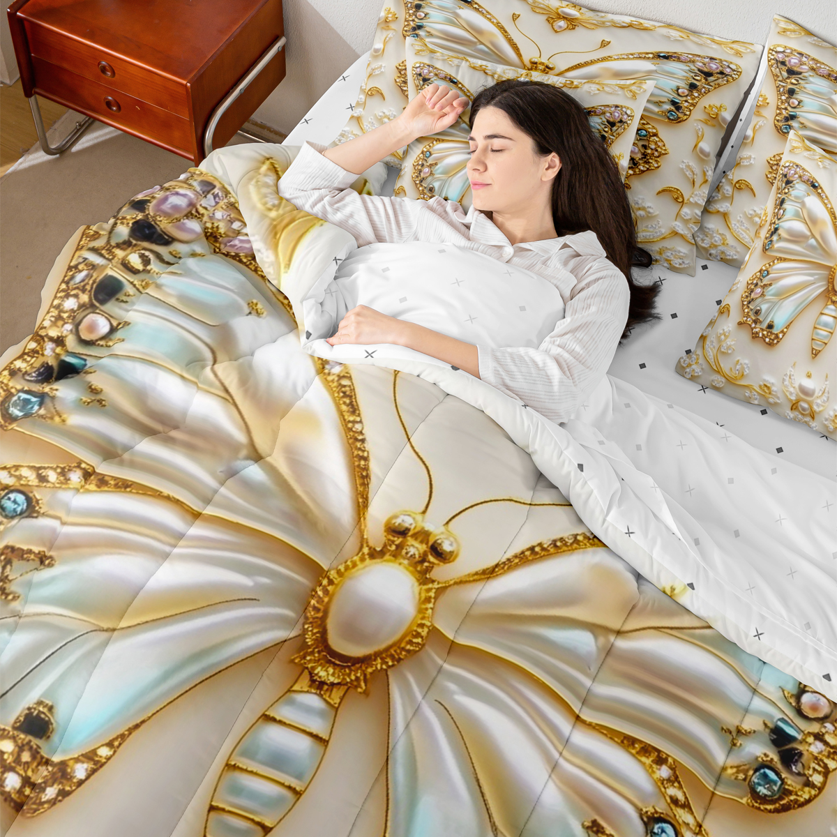 Homewish Chic Flying Butterfly 7-Piece Bedding Comforter Set for Children Teens Girls,Dreamy Princess King Bedding Sets,Exotic Style Ultra Soft Bed Sheets,Lightweight Room Decor,Reversible