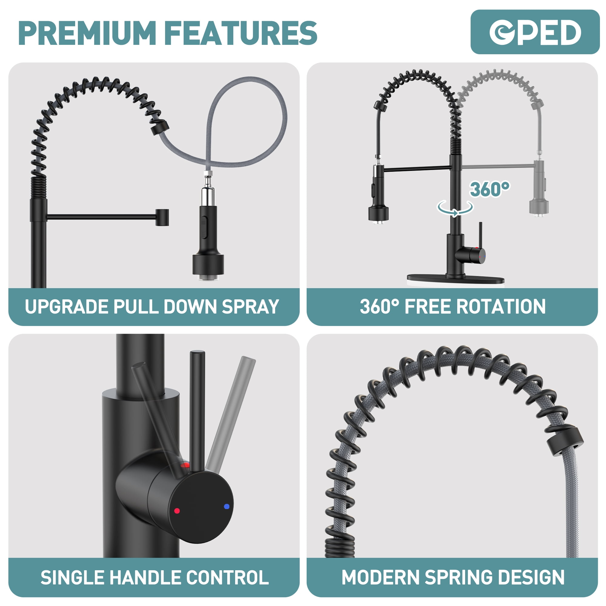 GPED Kitchen Faucet with Pull Down Sprayer & 3-Modes LED Light, SUS304 Stainless Steel, Single Handle Spring Kitchen Sink Faucet with Deck Plate & Water pipes, High Arc Sink Faucet for Rv, Laundry