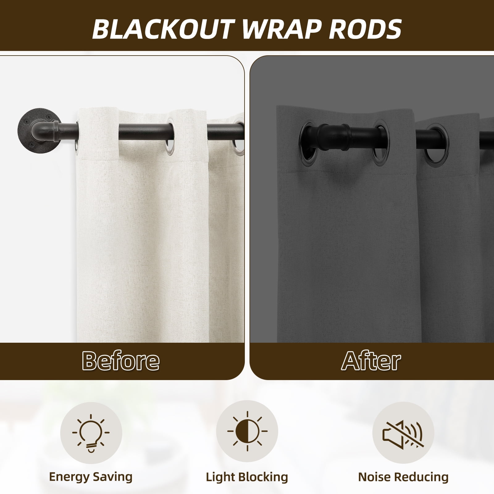 Jolicasa 1" Diameter Wrap Around Curtain Rods,Heavy Duty Adjustable Blackout Curtain Rod for Windows 48 to 86 inch,Wall Mounted,Black