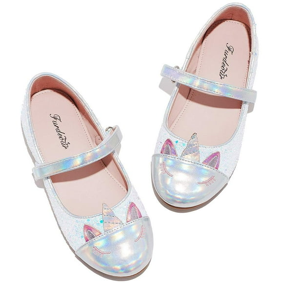 Furdeour Little Girl Dress Up Unicorn Shoes Birthday Party Gifts Size 12 Silver Glitter Flats Costume Slipper for Kids Princess Wedding Party Flower Shoes(2502White 12)