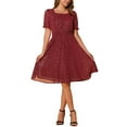 thumbnail image 2 of INSPIRE CHIC Square Neck Dress for Women's Metallic Stars Short Sleeve A-Line Stretch Waist Midi Dresses XS Dark Red, 2 of 6