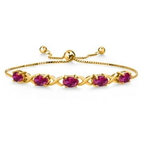 Gem Stone King 18K Yellow Gold Plated Silver Red Created Ruby Bracelet for Women (4.25 Cttw, Gemstone July Birthstone, Oval 7X5MM, Fully Adjustable up to 9 inches)