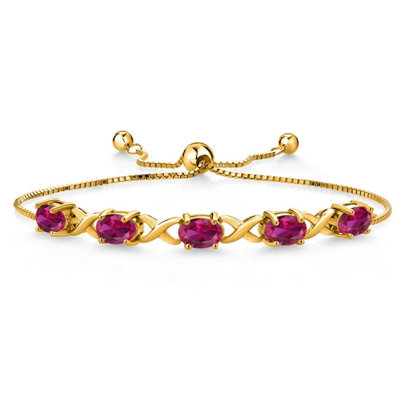 Gem Stone King 18K Yellow Gold Plated Silver Red Created Ruby Bracelet for Women (4.25 Cttw, Gemstone July Birthstone, Oval 7X5MM, Fully Adjustable up to 9 inches)