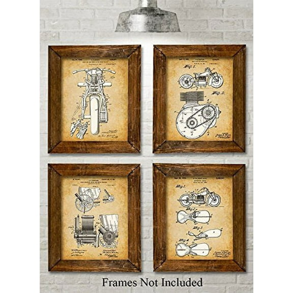 Original Indian Motorcycle Patent Art Prints - Set of Four Photos (8x10) Unframed - Great Gift for Motor Cycle Riders