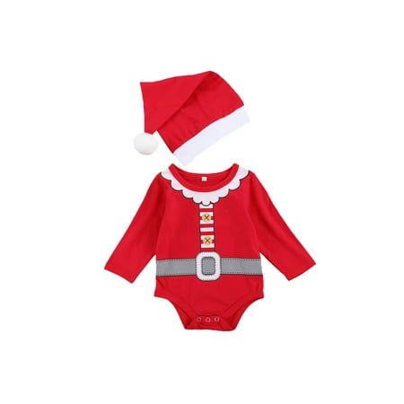 

Bagilaanoe Newborn Baby Girl Boys Christmas Rompers Print Long Sleeve Bodysuit + Hat 3M 6M 9M 12M Infant One Piece Jumpsuit