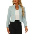 thumbnail image 1 of BLAZER DE TWEED CHIC PARA MUJERES CON CUELLO ALTO, CORTO Y ABIERTO, TAMAÑO S, AZUL CLARO, 1 of 6