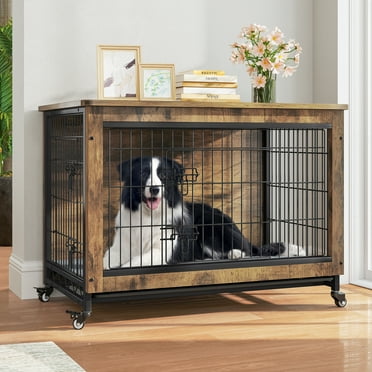 Dextrus Large Dog Crate Furniture  with Double Doors, Indoor Dogs Kennel with Wheels,Dog Crate End Table with Cushion & Tray-38.5"L x 26"W x 29.1"H,Rustic Brown