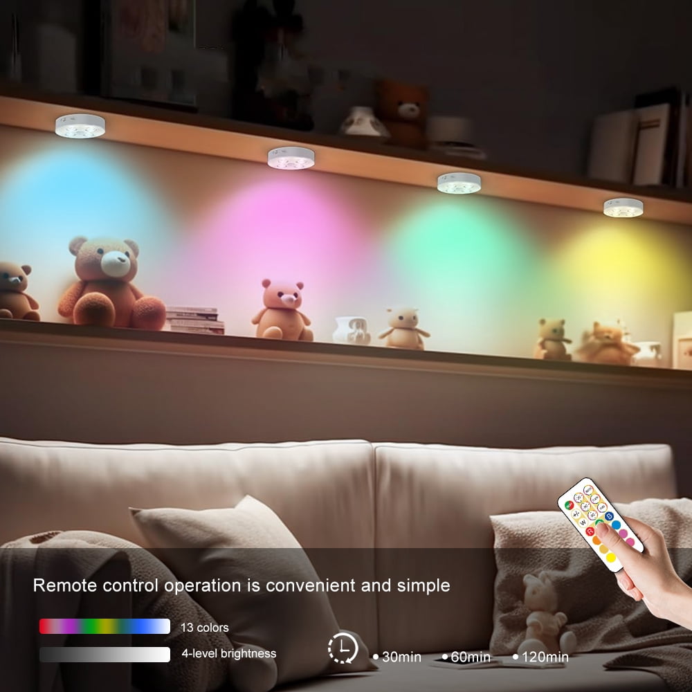 LED Round Night Light, RGB 13 Color Wireless Cabinet Light, With Remote Control, LED Spotlight, Cabinet Light Battery Powered, Suitable For Closet, Bedroom Wall, Cabinet, Walkway 6Pcs