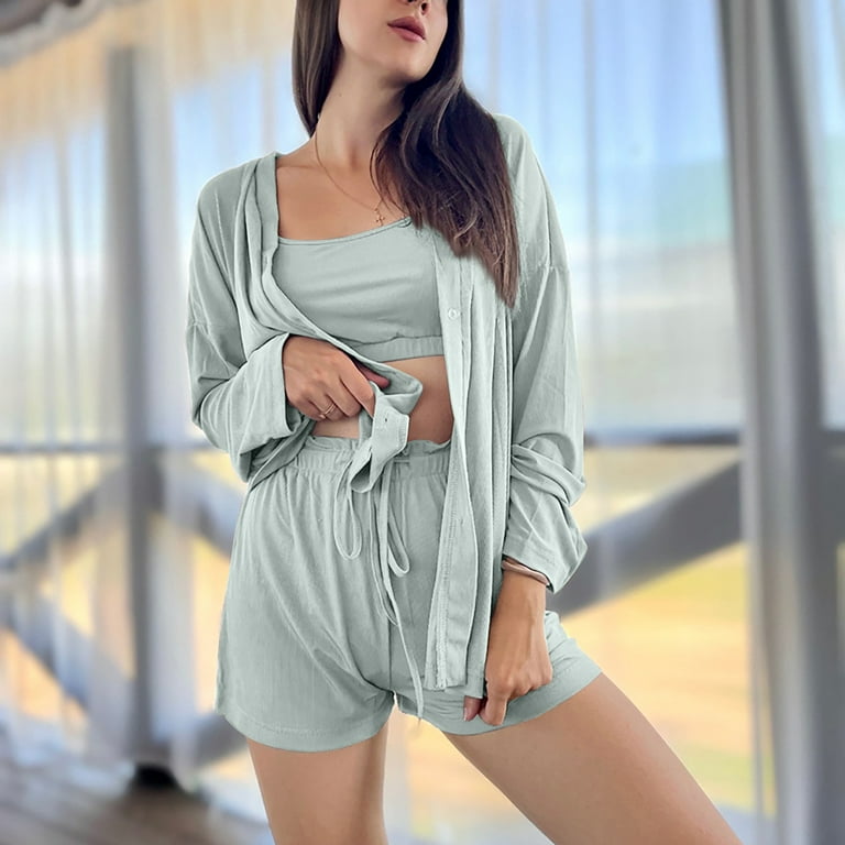 Aueoeo Sleeping Clothes for Women, Womens Pajama Sets 3 Piece Lounge Set  Ribbed Cami Top and Shorts Pjs Set Soft Sleepwear with Robe Cardigan