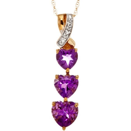 1.14 Carat T.G.W. Amethyst with Diamond Accent 10kt Yellow Gold Hearts Pendant, 18