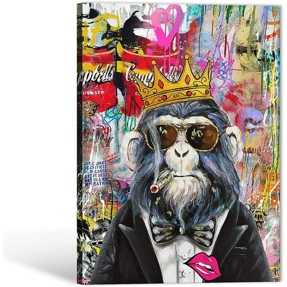 Aaheei Oversized Graffiti Wall Art - Colorful Funky Crown Monkey Poster Pictures for Living Room Decor, Cool Chimp Smoking Graffiti Artwork for Home Wall Decor