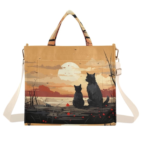 Cat Dog Trees Sun Clouds Corduroy Tote Bag Handbag Large Messenger Bag Shoulder Crossbody Zipper Bag Purse