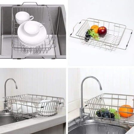 Drainer Rack Stainless Steel Dish Basket Adjustable Over The Sink Rustproof Storage Utensil