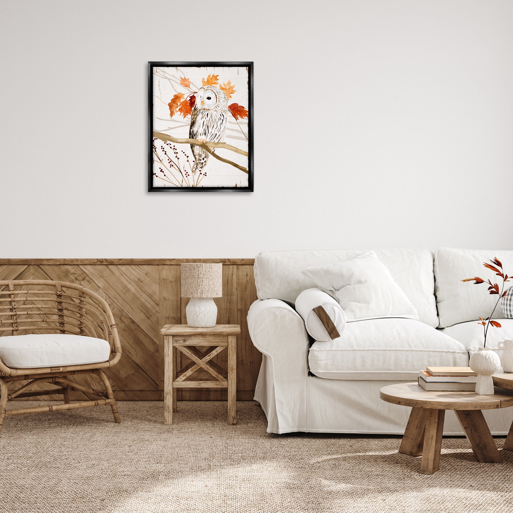 Stupell Industries Owl In Autumnal Forest Animals & Insects Painting Black Floater Framed Canvas Art Print Wall Art, 25 x 31