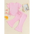 thumbnail image 3 of Musuos Toddler Girls Ribbed Summer Outfits, 9M 12M 18M 24M 3Y 4Y Short Sleeve Round Neck Side Drawstring Tops + Elastic Waist Flare Pants Set, 3 of 10