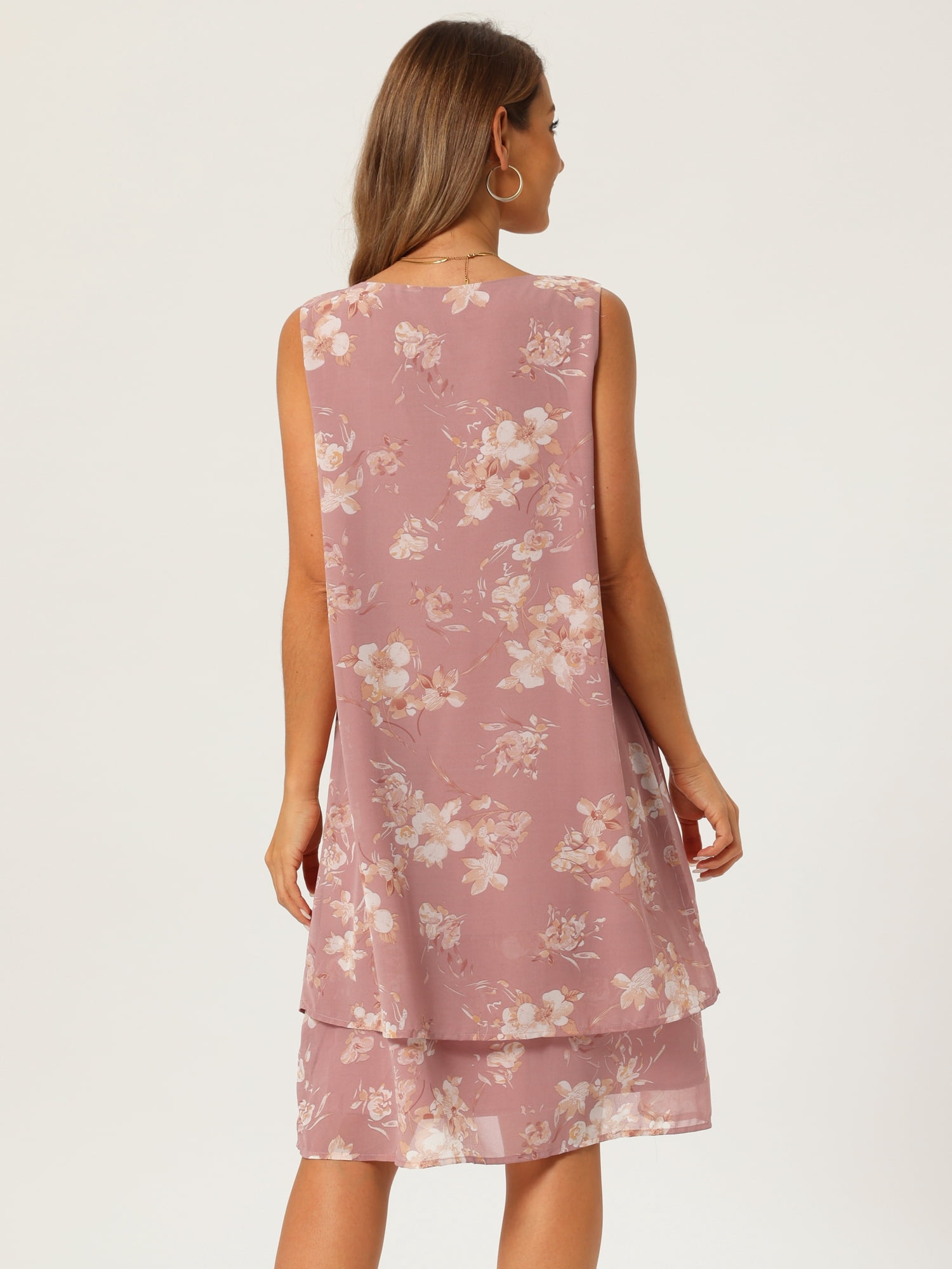 DARING DIVA Women's Chiffon Sleeveless Floral Tiered Flowy Sundress M Dusty Pink