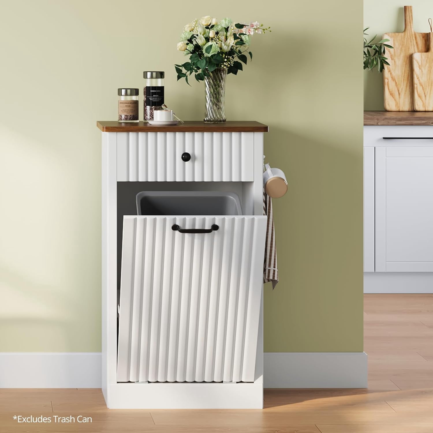 SELOOYE 10 Gallon Tilt Out Trash Can Cabinet , Wooden Hidden Garbage Can Holder with Storage Drawers for Kitchen and Dining Room, Laundry Hamper Cabinet for Bathroom, White