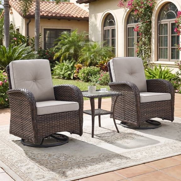 POCASSY Patio Wicker Chairs Swivel Rocker - Outdoor Swivel Rocking Chairs Set of 2 with Rattan Side Table, Brown Patio Swivel Glider Chair 3 Piece Patio Furniture Set for Porch Pool Brown/Beige