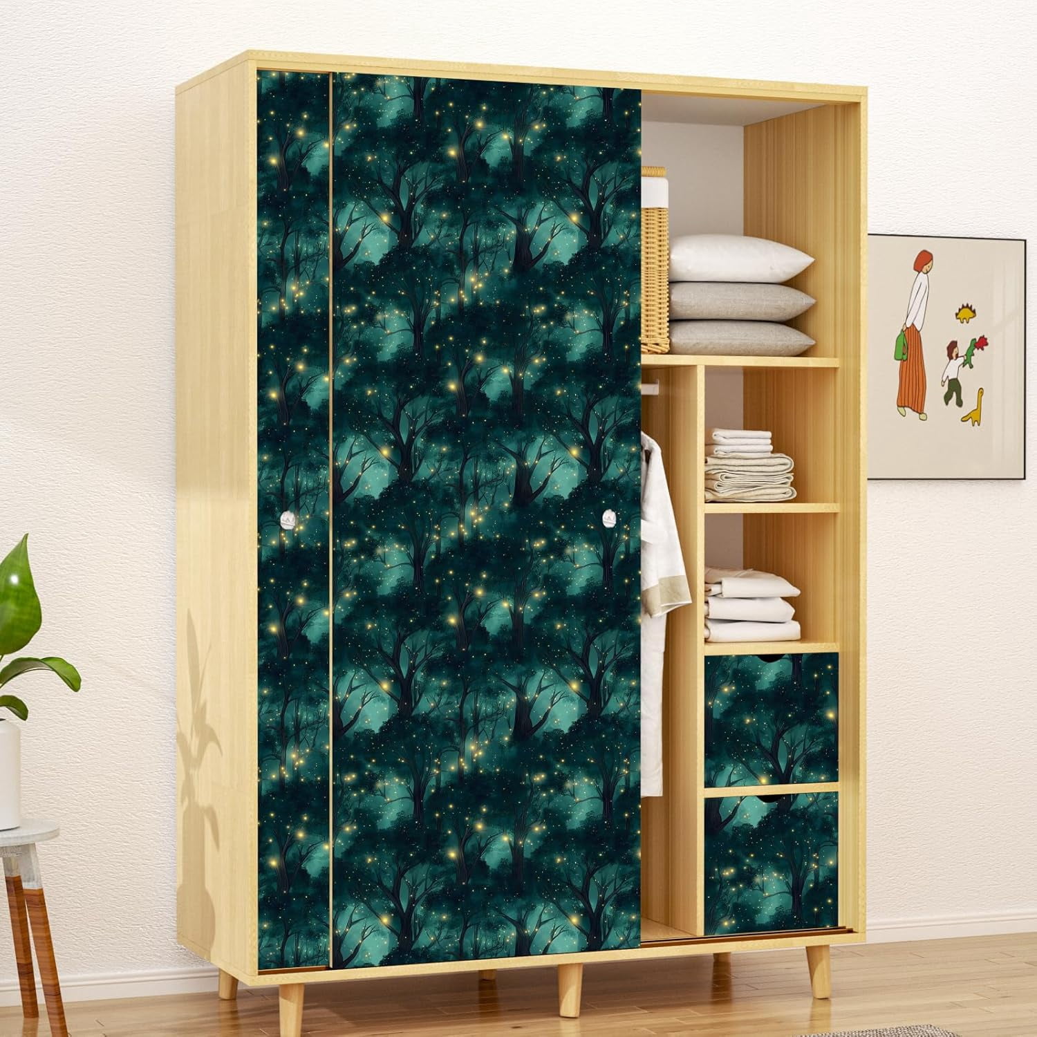 Forest Peel and Stick Wallpaper Vintage Green Leaf Contact Paper Blue Floral Wall Mural Home Vinyl Waterproof Self Adhesive Removable Renter Friendly Wall Paper 17.5" x 118"