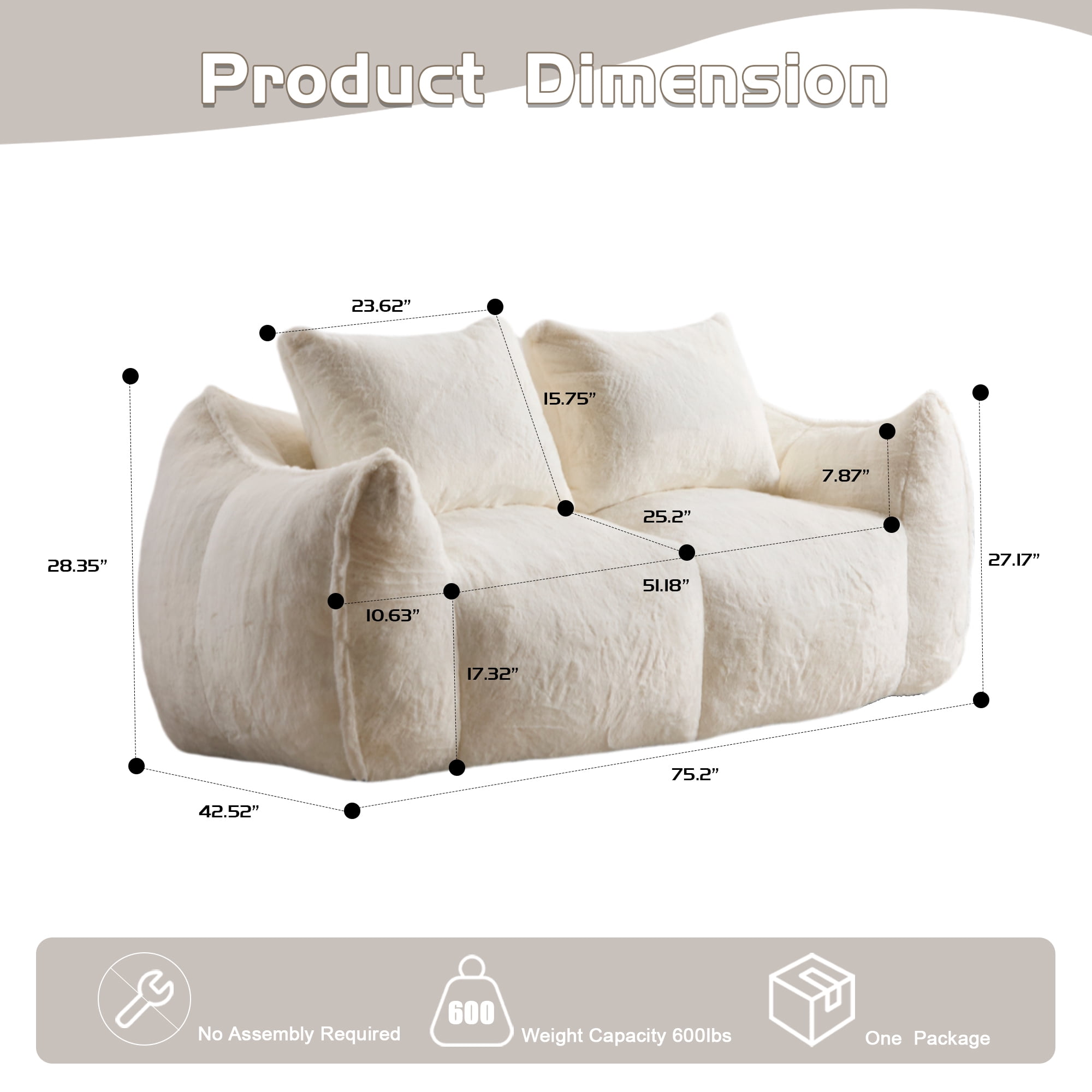 FFH Bean Bag Chair for Adults, 75" Oversized Loveseat Bean Bag Sofa with 2 Pillows, Lazy Sofa Reading Chaise Lounge Couch for Living Room, Bedroom, White