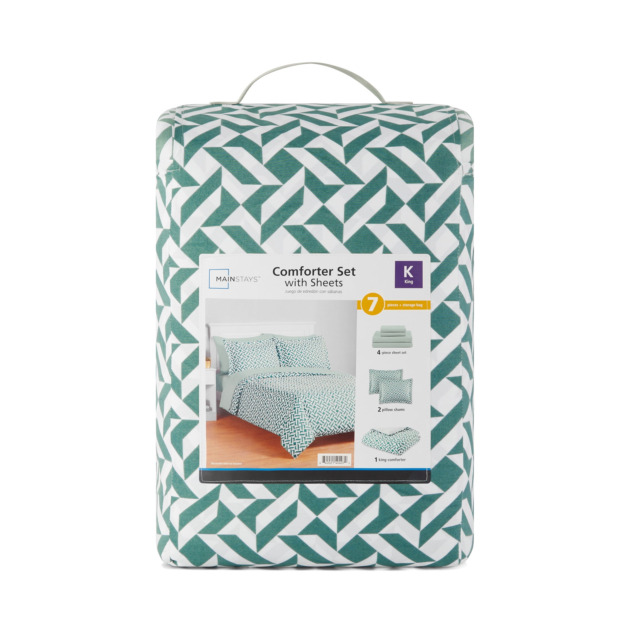 Mainstays Bed-in-a-Bag Comforter and Sheet Set, 7-Piece, King, Green Geo, Reversible