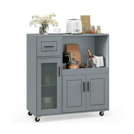 Spaco Rolling Kitchen Island with Wheels, Cabinet with Drawer and Glass Door, Cabinet for Indoor, Gray