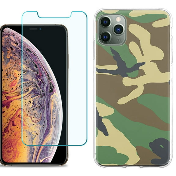 For Apple iPhone 11 Pro Max Phone Case , Slim-Fit TPU Case with Tempered Glass Screen Protector, by OneToughShield ® - Camo Green