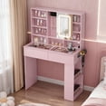 thumbnail image 2 of Zimtown Vanity Desk with Sliding Mirror, LED Lights and Power Outlet, Makeup Vanity with  Visible Glass Top, 6 Storage Shelves Dressing Table, Pink, 2 of 7