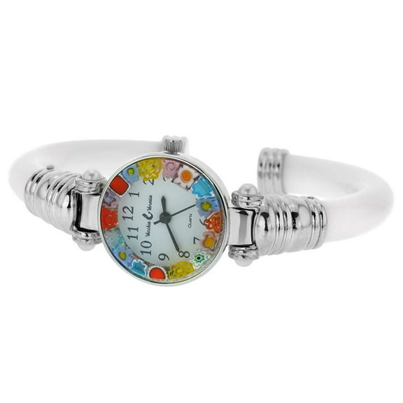 GlassOfVenice Murano Glass Millefiori Bangle Watch - Silver White Multicolor