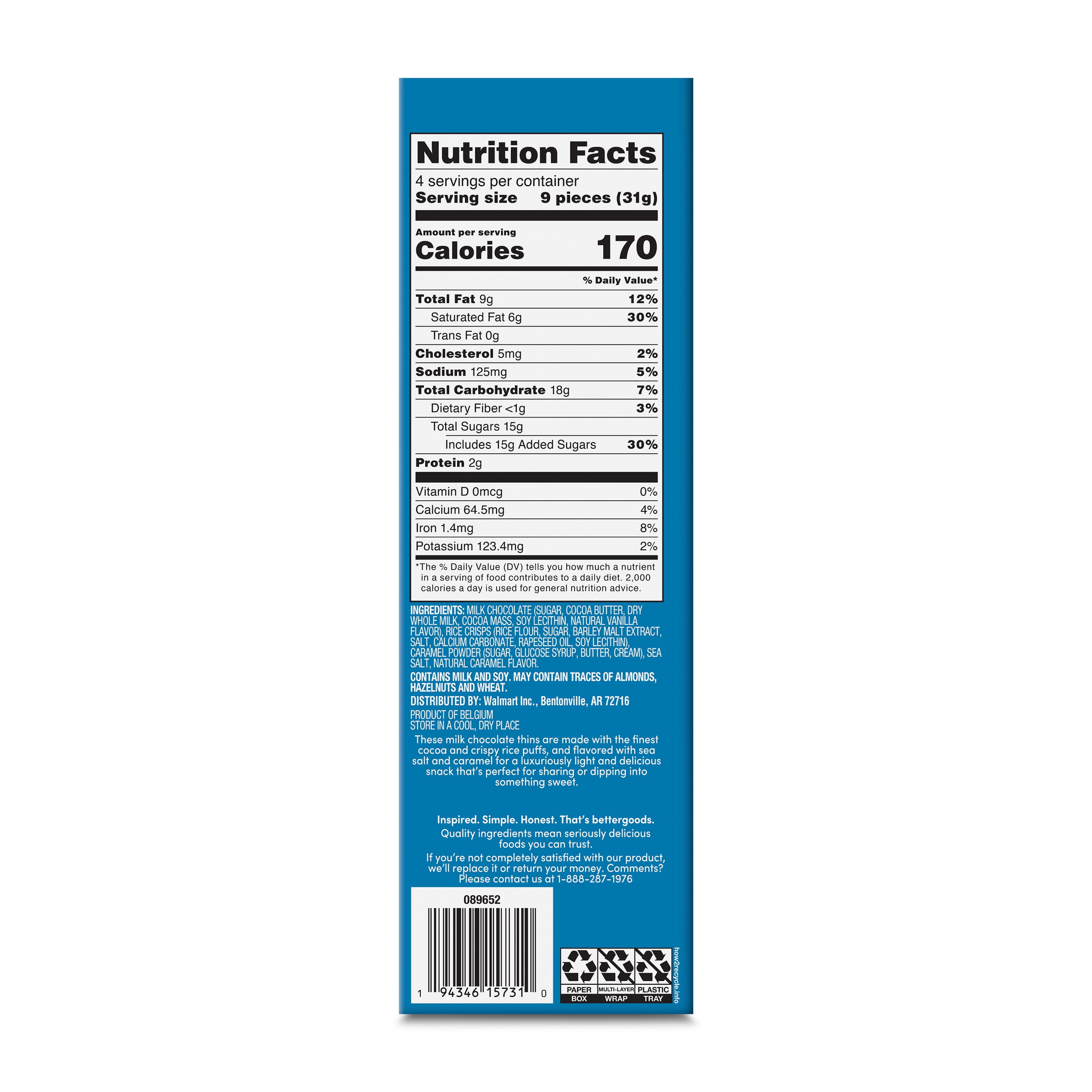 bettergoods Premium Belgian Sea Salt Caramel Milk Chocolate Thins with Crispy Rice Puffs, 4.4 oz