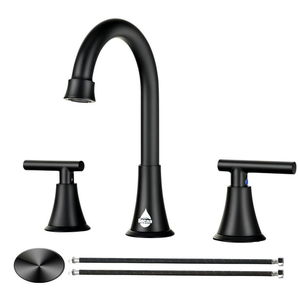Grifo para lavabo de baño, color negro mate, 8 pulgadas, generalizado, 3 orificios, acero inoxidable, 2 manijas, caño giratorio 360, grifo de baño con drenaje emergente y mangueras de suministro para