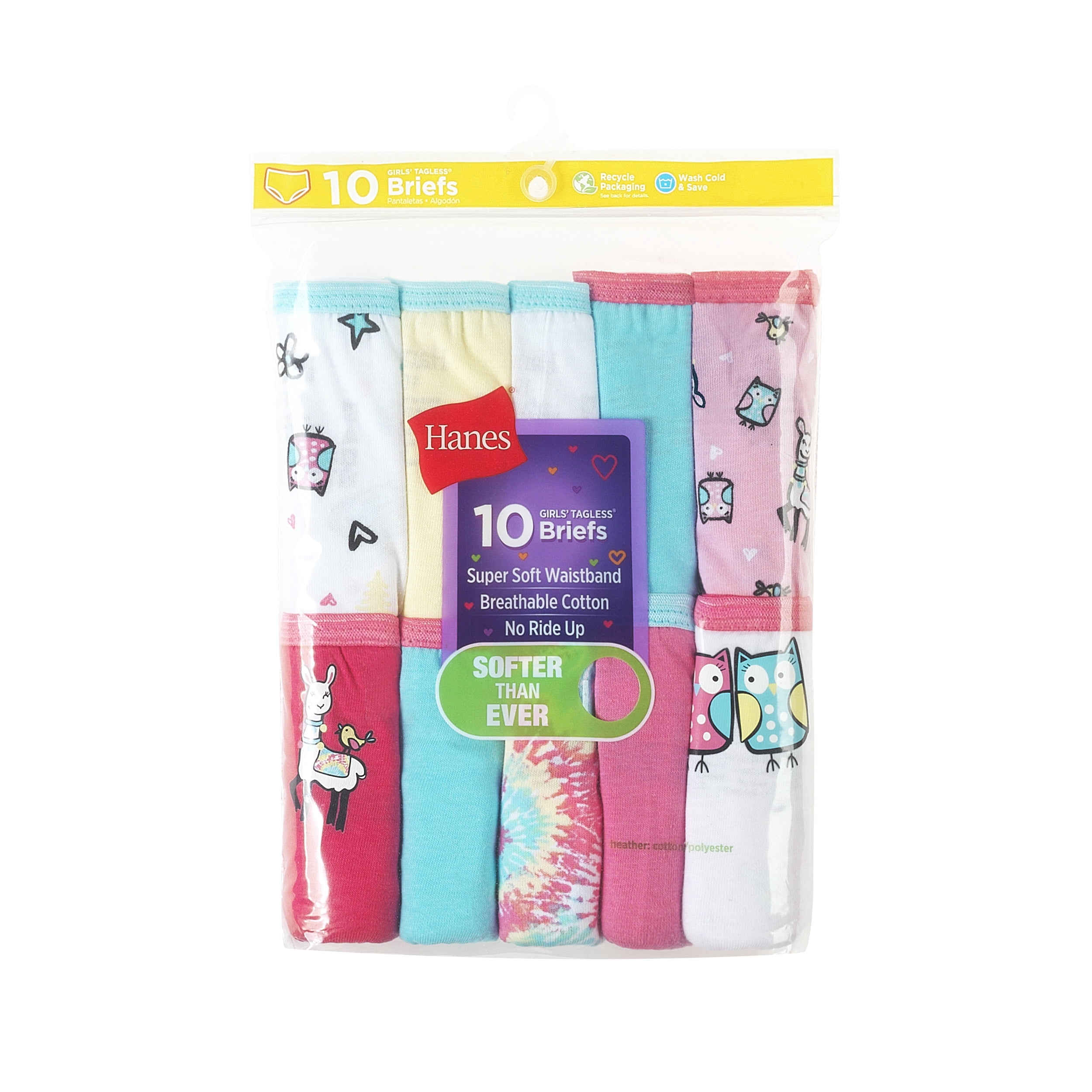 Hanes Girls Brief Underwear, 10 Pack Panties, Sizes 4 -16