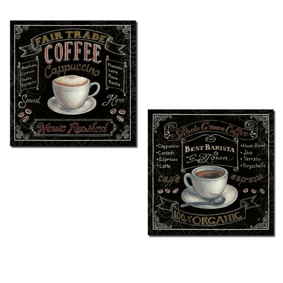 Chalkboard-Style Typography House Roasted and 100% Organice Coffee Kitchen Art Set by Daphne Brissonnet; Two 12x12in Paper Posters