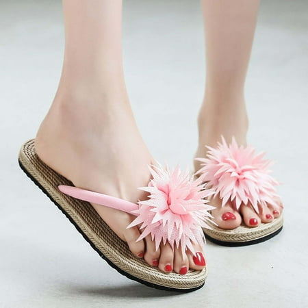 

EQWLJWE Summer Ladies Imitation Straw Flip Flops Flowers Flat Beach Flip Flops Women s Slippers Holiday Clearance