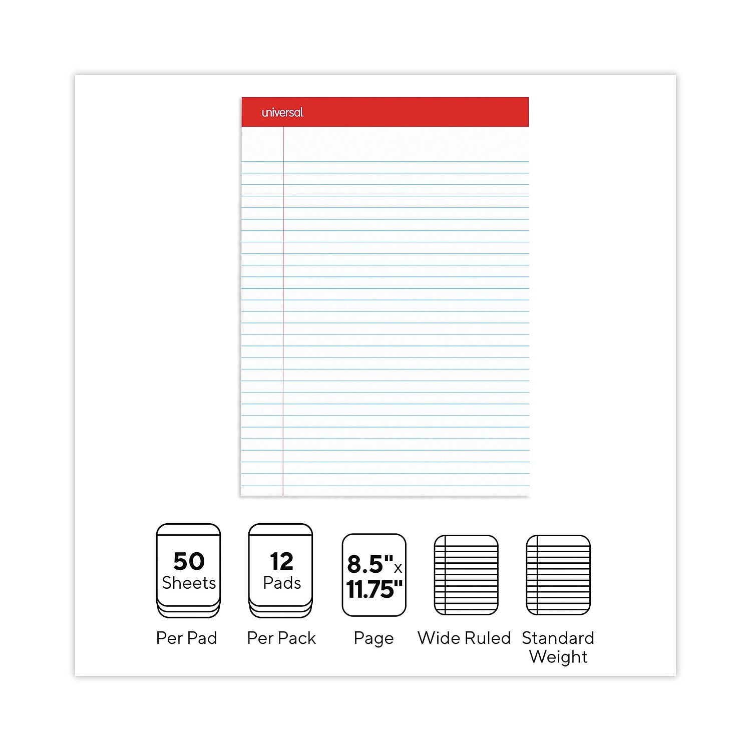 UNIVERSAL Perforated Edge Writing Pad Legal Ruled Letter White 50 Sheet Dozen 20630