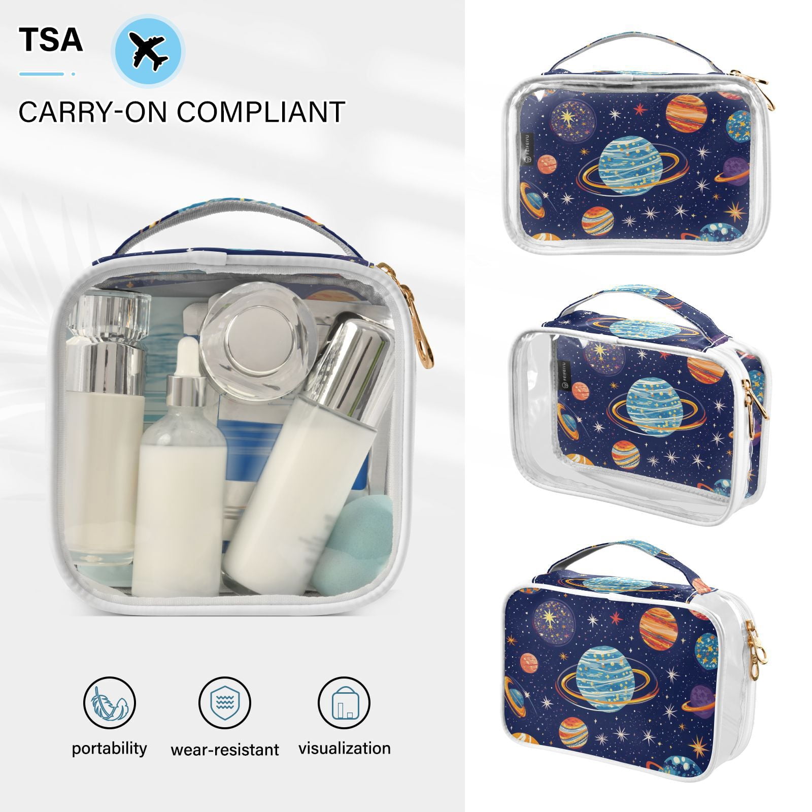 Clear Makeup Bags with Handle Large Opening 2 Pack Set Toiletry Bag Quart Size Bag, for Women Man Traveling Travel Essentials, Toiletries and Other. Planets
