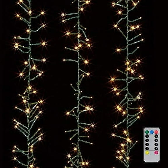 Christmas Cluster Lights Battery Operated 15 Foot with 120 Warm White Lights on Green Wire with Control Exclusive Twinkle Function