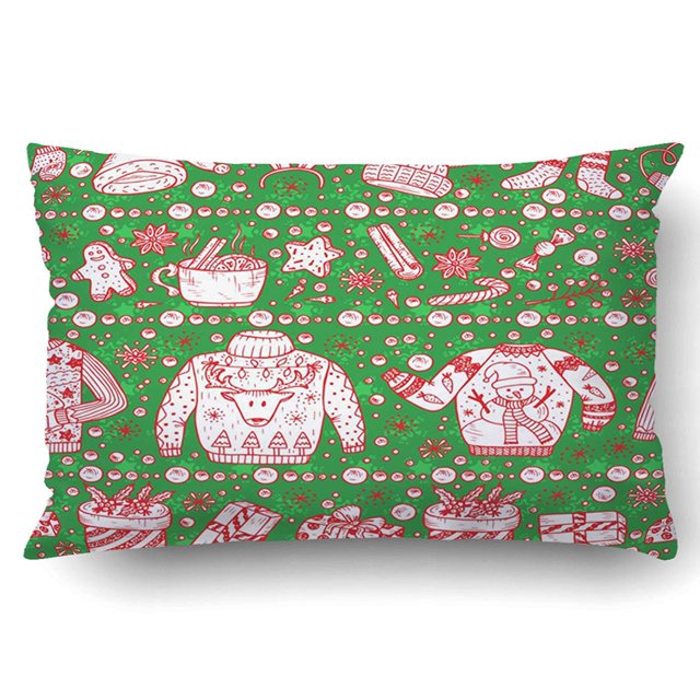 ABPHQTO Navidad Suéter de Navidad Fiesta Dibujado a mano Doodle Ropa Regalos Cajas Galletas de jengibre Vino caliente Bola de nieve Funda de almohada 50x75 cm