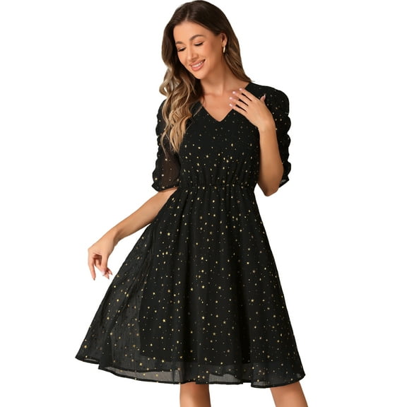 DARING DIVA Metallic Stars A-line Chiffon Dress XS Black