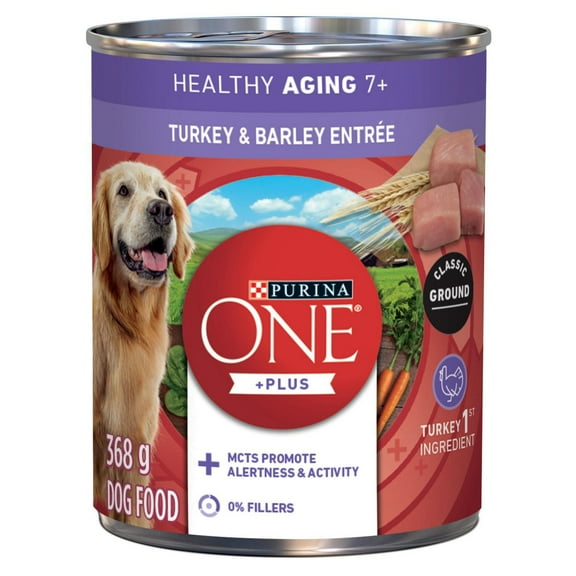 Purina ONE Plus+ Healthy Aging 7+ Classic Ground Turkey & Barley Entrée, Wet Dog Food 368 g